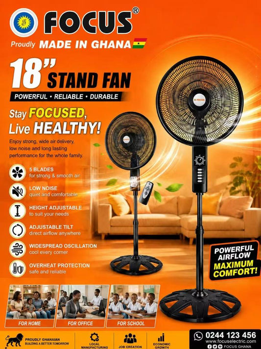 18 INCH FOCUS STAND FAN WITH REMOTE, MADE IN GHANA